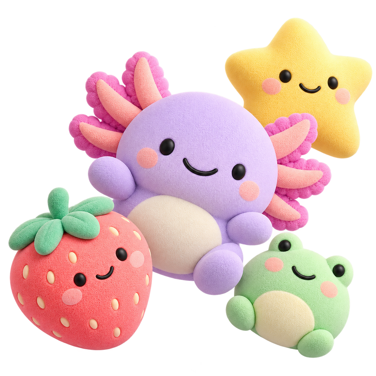 Πρωτότυπα squishy: λιλά axolotl, ροζ φράουλα, κίτρινο αστέρι και πράσινο βατραχάκι σε παιχνιδιάρικη σύνθεση